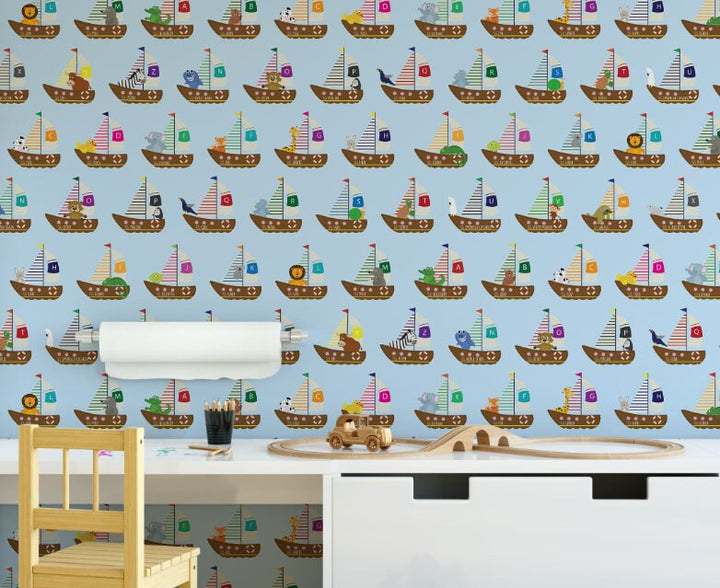 Peel and Stick Wallpaper Nursery/ ABC Animal Boats Wallpaper/ Removable Wallpaper/ Unpasted Wallpaper/ Pre-Pasted Wallpaper