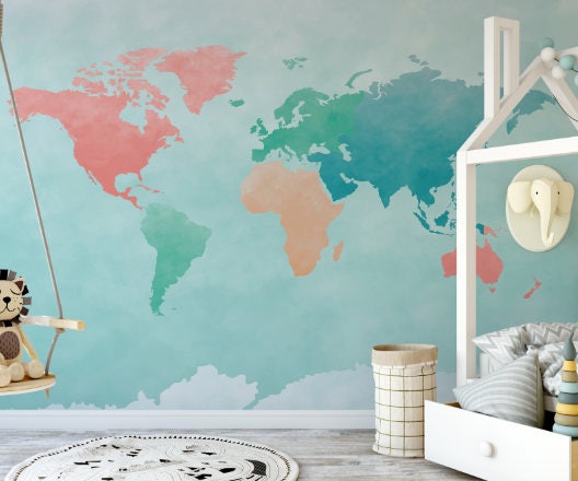 Kids Wallpaper/ Coral & Mint Watercolor World Map Wallpaper/ Removable/ Peel and Stick/ Unpasted/ Pre-Pasted Wallpaper WW1714