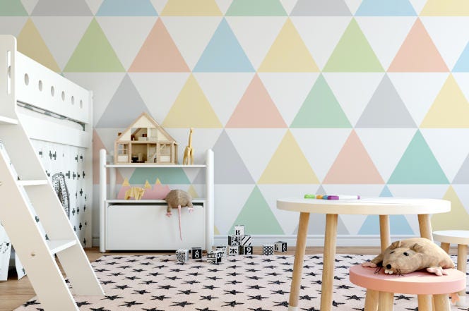 Peel and Stick Wallpaper Colorful/ Pastel Triangles Green and Gray Wallpaper/ Removable Wallpaper/ Unpasted Wallpaper/ Pre-Pasted Wallpaper