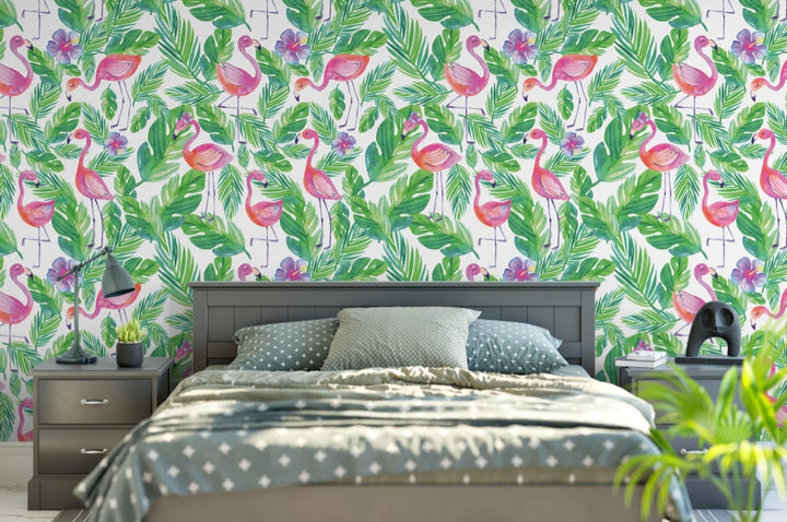 Kids Tropical Palm Pink Flamingo Beach Coastal Green Wallpaper/ Flamingo Peel and Stick Wallpaper/ Removable/ Unpasted/ Pre-Pasted Wallpaper