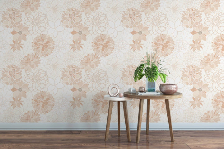 Peel and Stick Wallpaper Boho/ Boho Peach Dahlias Wallpaper/ Removable Wallpaper/ Unpasted Wallpaper/ Pre-Pasted Wallpaper
