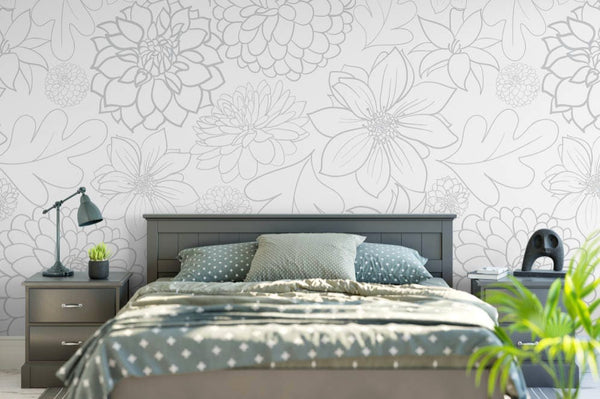 Peel and Stick Wallpaper Floral/ Big Grey Dahlia Wallpaper/ Removable Wallpaper/ Unpasted Wallpaper/ Pre-Pasted Wallpaper WW1718