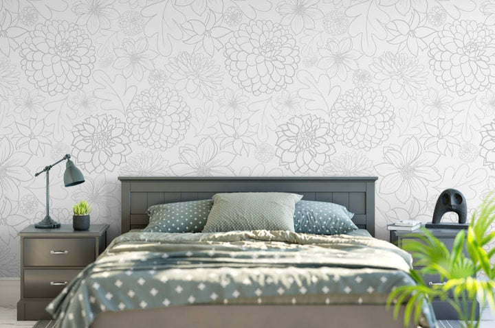 Peel and Stick Wallpaper Floral/ Small Grey Dahlia Wallpaper/ Removable Wallpaper/ Unpasted Wallpaper/ Pre-Pasted Wallpaper