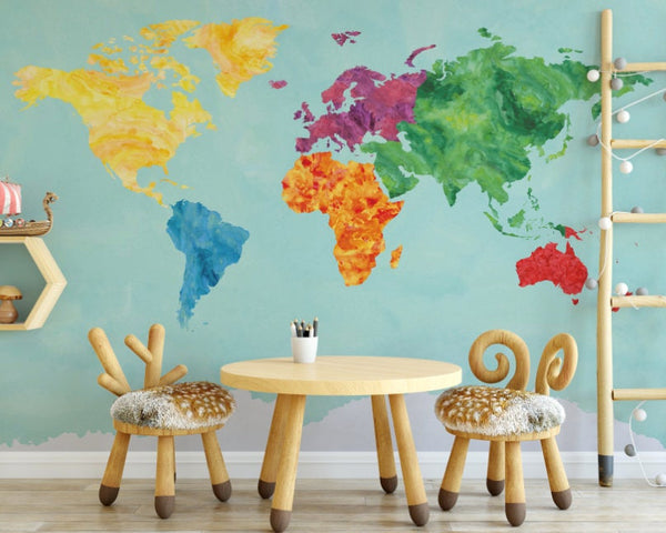 Wallpaper Map Mural/ Rainbow Watercolor Map Wallpaper/  Removable/ Peel and Stick/ Unpasted/ Pre-Pasted Wallpaper