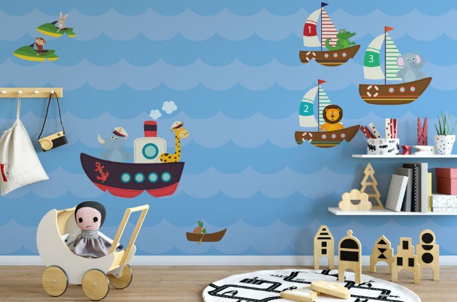 Peel and Stick Wallpaper Nursery/ Boats & Animals Wallpaper/ Removable Wallpaper/ Unpasted Wallpaper/ Pre-Pasted Wallpaper