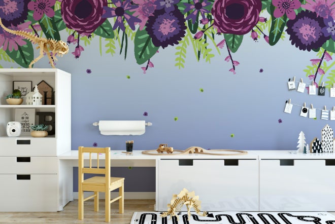 Peel and Stick Wallpaper Floral/ Whimsical Violet Floral Mural Wallpaper/ Removable Wallpaper/ Unpasted Wallpaper/ Pre-Pasted Wallpaper