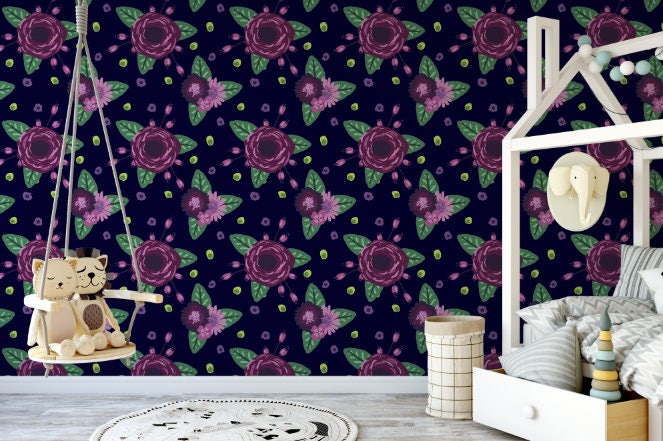 Peel and Stick Wallpaper Dark/ Purple Flower Whimsical Wallpaper/ Removable Wallpaper/ Unpasted Wallpaper/ Pre-Pasted Wallpaper
