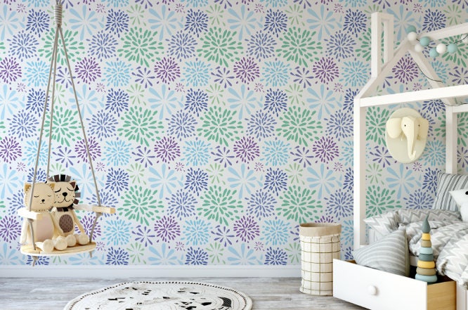 Peel and Stick Wallpaper Floral/ Flower-works Blue Wallpaper/ Removable Wallpaper/ Unpasted Wallpaper/ Pre-Pasted Wallpaper WW1705