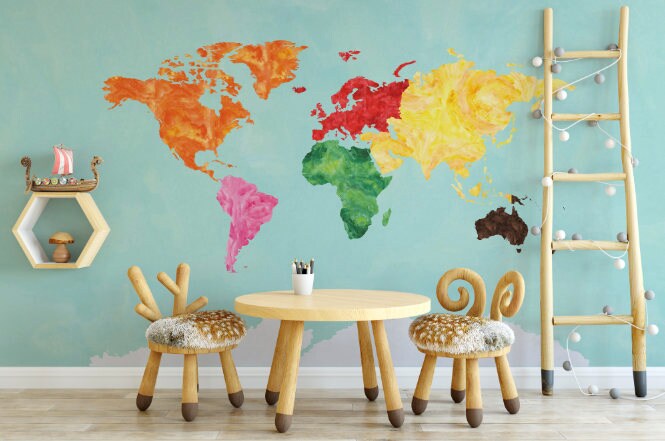 Kids Peel and Stick Wallpaper/ Montessori Colors Watercolor Map Wallpaper/ Removable/ Unpasted/ Pre-Pasted Wallpaper