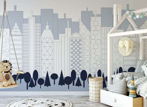 Blue City Skyline Wallpaper // Removable Wallpaper// Peel and Stick Wallpaper// Unpasted Wallpaper // Pre-Pasted Wallpaper