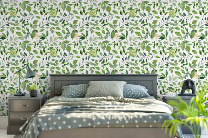 Peel and Stick Wallpaper Green/ Green Leaves Wallpaper/ Removable Wallpaper/ Peel and Stick Wallpaper/ Pre-Pasted Wallpaper WW1708