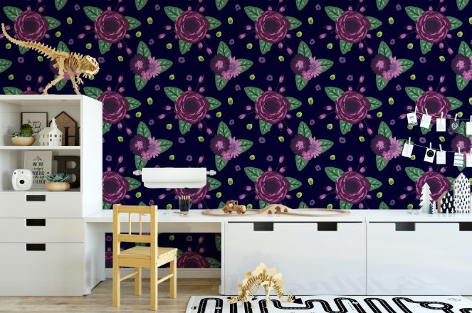 Peel and Stick Wallpaper Dark/ Purple Flower Whimsical Wallpaper/ Removable Wallpaper/ Unpasted Wallpaper/ Pre-Pasted Wallpaper