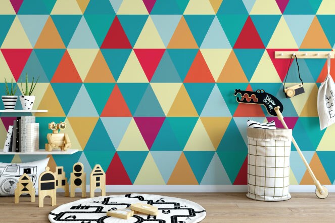 Peel and Stick Wallpaper Teal/ Teal & Orange Triangles Wallpaper/ Removable Wallpaper/ Unpasted Wallpaper/ Pre-Pasted Wallpaper