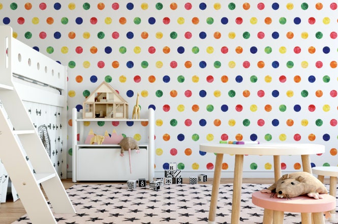 Peel and Stick Wallpaper Dots Rainbow/ Rainbow Watercolor Polka Dots Wallpaper/ Removable/ Peel and Stick/ Unpasted/ Pre-Pasted WW1814