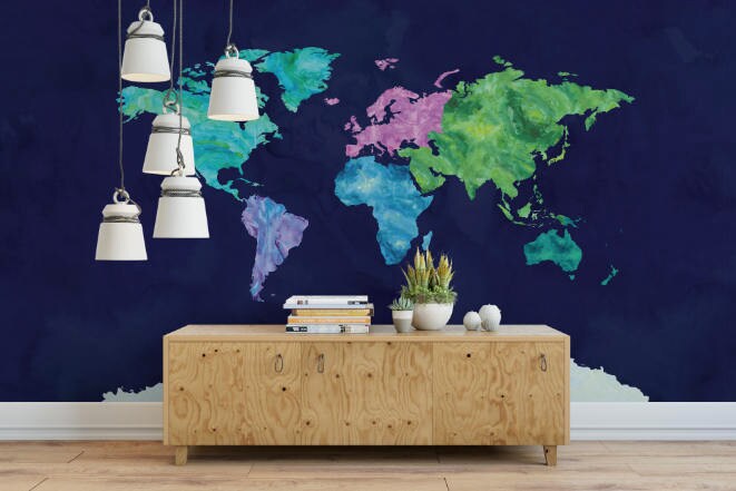 Wallpaper Blue World Map/ Peacock Colors Watercolor Map Wallpaper/ Removable/ Peel and Stick/ Unpasted/ Pre-Pasted Wallpaper