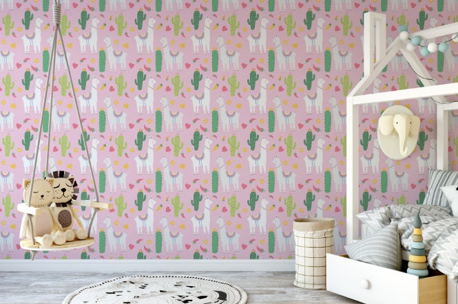 Peel and Stick Wallpaper Pink/ Llama and Cactus Pink Wallpaper/ Removable Wallpaper/ Unpasted Wallpaper/ Pre-Pasted Wallpaper