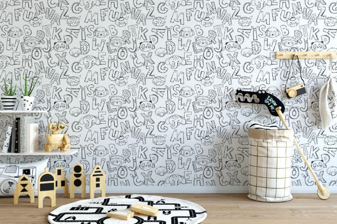 Alphabet Black and White Wallpaper // Removable Wallpaper // Peel and Stick Wallpaper // Unpasted Wallpaper // Pre-Pasted Wallpaper