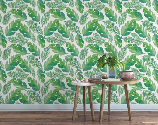 Green Wallpaper Tropical Coastal/ Palm Tree Leaf Wallpaper/ Removable/ Peel and Stick/ Unpasted/ Pre-Pasted Wallpaper