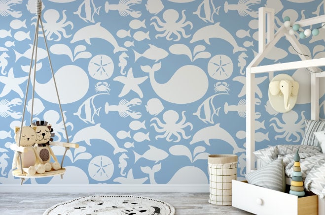 Peel and Stick Wallpaper Blue/ Blue Sea Life Wallpaper/ Removable Wallpaper/ Unpasted Wallpaper/ Pre-Pasted Wallpaper