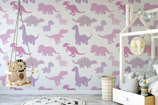 Peel and Stick Wallpaper Pink/ Pink Dino Wallpaper/ Removable Wallpaper/ Peel and Stick Wallpaper/ Unpasted Wallpaper/ Pre-Pasted Wallpaper