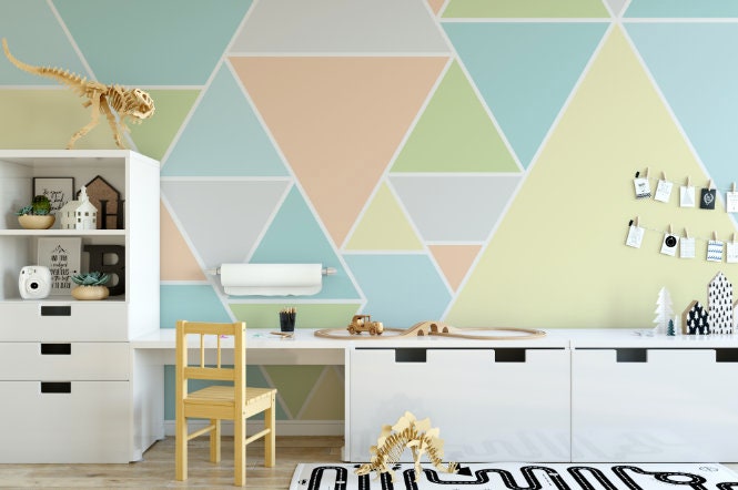 Peel and Stick Wallpaper Blue/ Abstract Peach & Green Triangles Wallpaper/ Removable Wallpaper/ Unpasted Wallpaper/ Pre-Pasted Wallpaper