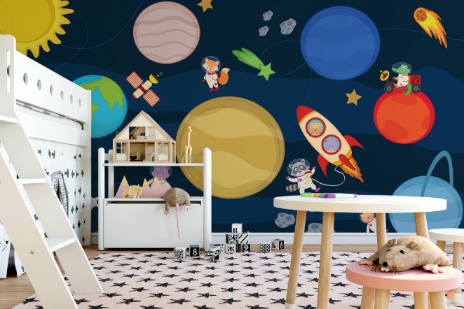 Peel and Stick Wallpaper Nursery/ Animals in Space Mural Removable Wallpaper/ Self-Adhesive Reusable Wall Mural WW1826