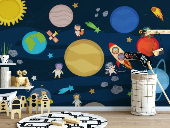 Peel and Stick Wallpaper Nursery/ Animals in Space Mural Removable Wallpaper/ Self-Adhesive Reusable Wall Mural WW1826