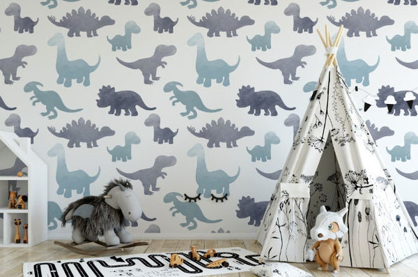 Peel and Stick Wallpaper Nursery/ Gray Watercolor Dino Wallpaper/ Removable Wallpaper/ Unpasted Wallpaper/ Pre-Pasted Wallpaper WW1810