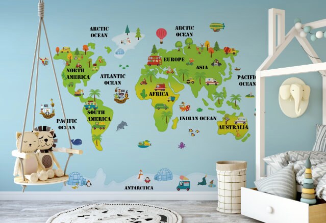 Kids Peel and Stick Wallpaper/ Animal World Map Wallpaper/ Removable/ Unpasted/ Pre-Pasted Wallpaper