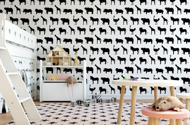 Black and White Safari Animals Wallpaper // Removable Wallpaper // Peel and Stick Wallpaper // Unpasted Wallpaper // Pre-Pasted Wallpaper