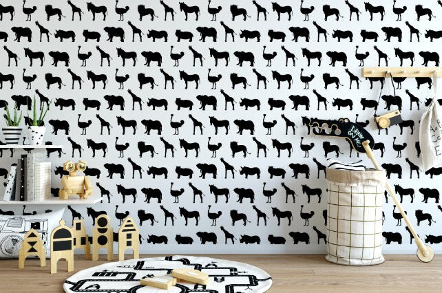 Black and White Safari Animals Wallpaper // Removable Wallpaper // Peel and Stick Wallpaper // Unpasted Wallpaper // Pre-Pasted Wallpaper