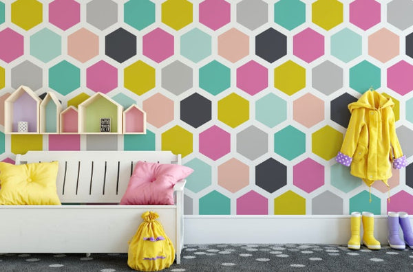 Peel and Stick Wallpaper Hexagon/ Pink, Teal and Gray Hexagon Wallpaper/ Removable Wallpaper/ Unpasted Wallpaper/ Wallpaper WW1827