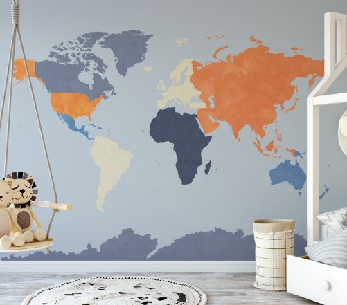 Kids Peel and Stick Wallpaper World Map/ Orange, Gray, Blue Watercolor Map Wallpaper/ Removable/ Peel and Stick/ Unpasted wallpaper
