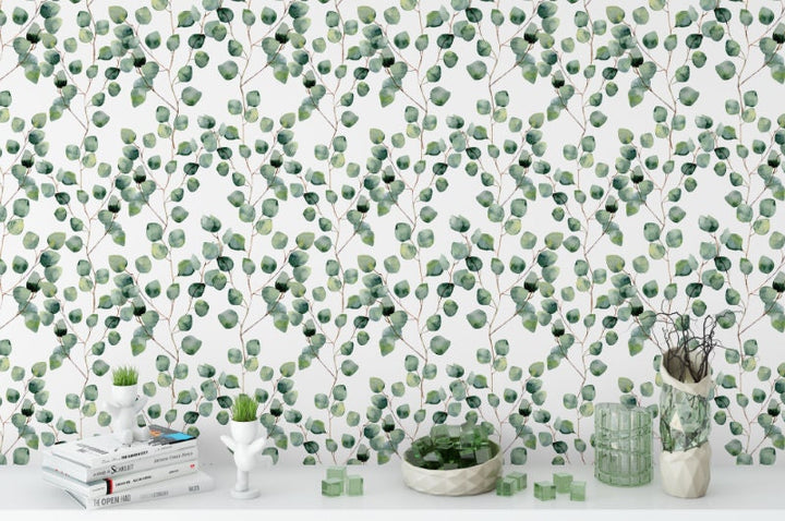 Peel and Stick Wallpaper Green/ Eucalyptus Leaves Wallpaper/ Removable Wallpaper/ Unpasted Wallpaper/ Pre-Pasted Wallpaper WW1824