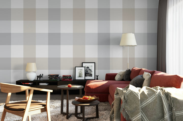 Wallpaper Plaid/ Gray and Beige XL Buffalo Check Wallpaper/ Removable/ Peel and Stick/ Unpasted Wallpaper/ Pre-Pasted Wallpaper WW1905