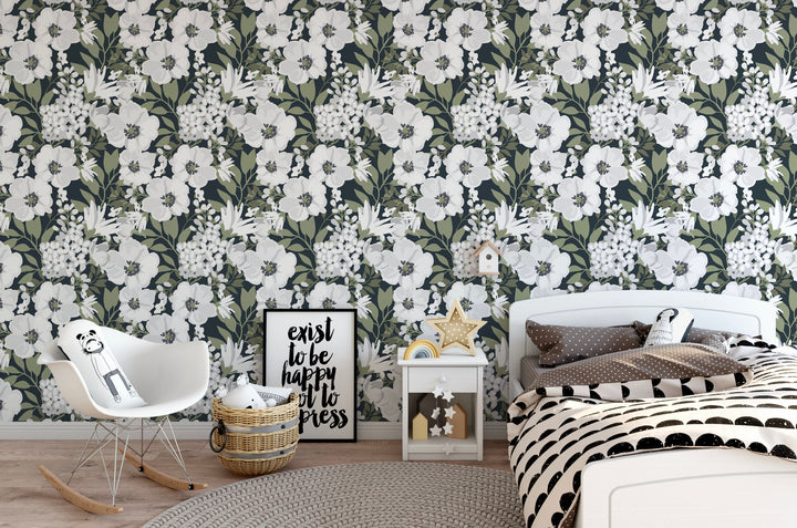 Peel and Stick Wallpaper Floral/ Black and White Floral Wallpaper/ Removable Wallpaper/ Unpasted Wallpaper/ Pre-Pasted Wallpaper WW1917
