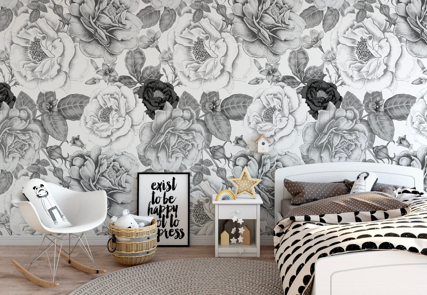 Peel and Stick Wallpaper Floral/ Vintage Black and White Roses Wallpaper/ Removable Wallpaper/ Unpasted Wallpaper/ Wallpaper WW1908