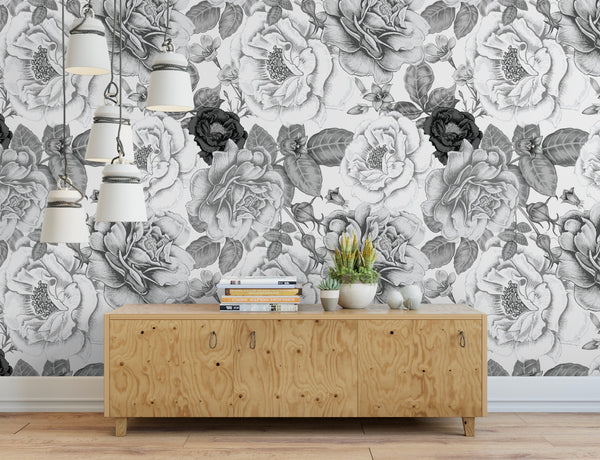 Peel and Stick Wallpaper Floral/ Vintage Black and White Roses Wallpaper/ Removable Wallpaper/ Unpasted Wallpaper/ Wallpaper WW1908