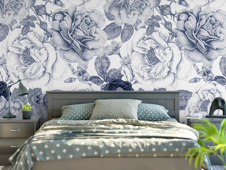 Navy Peel and Stick Wallpaper Blue and White Floral/ Vintage Navy Roses Wallpaper/ Removable Wallpaper/ Unpasted/ Pre-Pasted WW1920