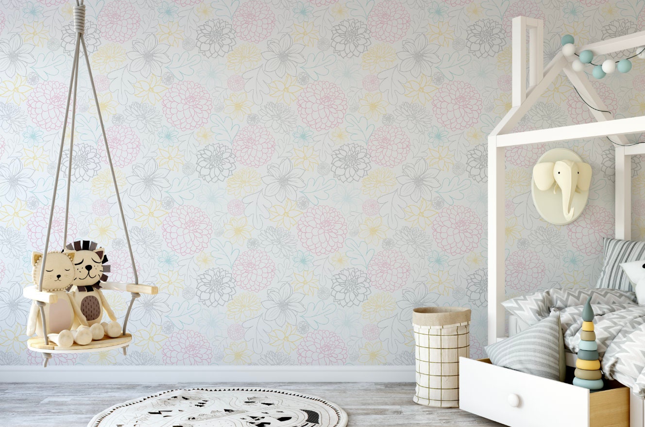 Peel and Stick Wallpaper Floral/ Grey, Pink and Mint Dahlia Wallpaper/ Removable Wallpaper/ Unpasted Wallpaper/ Pre-Pasted Wallpaper WW1909