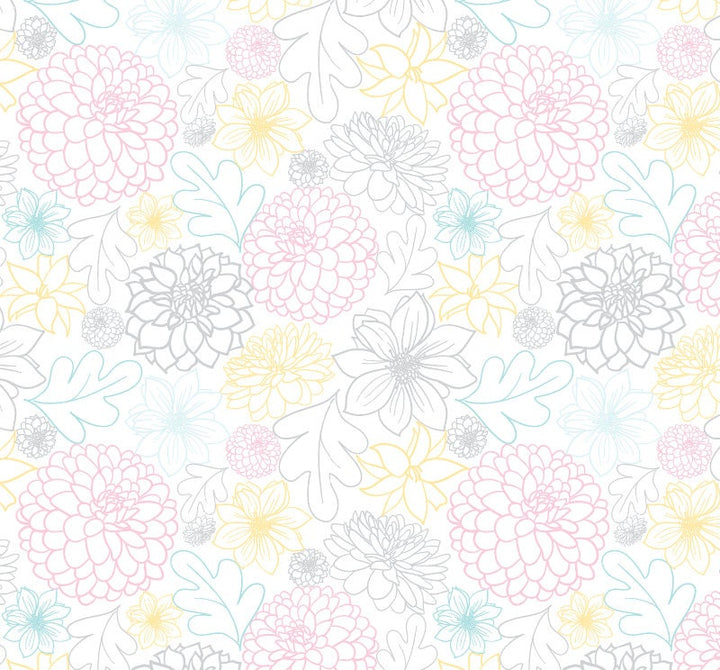 Peel and Stick Wallpaper Floral/ Grey, Pink and Mint Dahlia Wallpaper/ Removable Wallpaper/ Unpasted Wallpaper/ Pre-Pasted Wallpaper WW1909