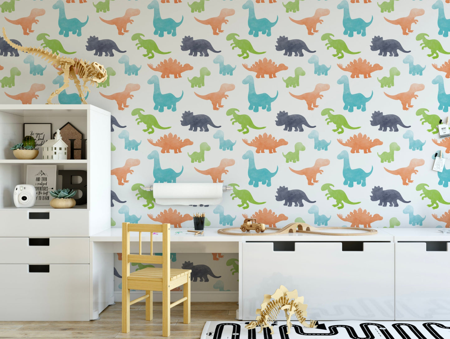 Peel and Stick Wallpaper Nursery/ Green and Gray Watercolor Dino Wallpaper/ Removable Wallpaper/ Unpasted Wallpaper/ Wallpaper WW2073