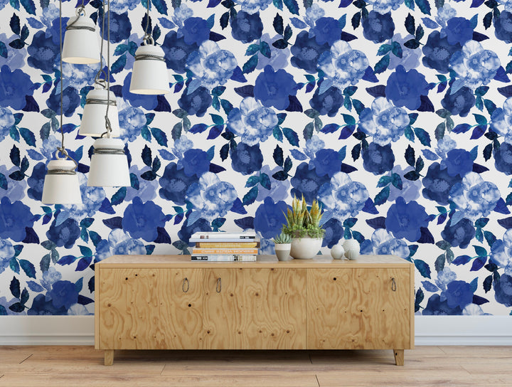 Navy and White Peel and Stick Wallpaper Floral Blue/ Blue Watercolor Floral Wallpaper/ Removable/ Unpasted/ Pre-Pasted Wallpaper WW2031