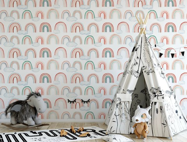 Peel and Stick Wallpaper Rainbow/ Boho Rainbow Pattern with Clouds Wallpaper/ Removable Wallpaper/ Unpasted/ Pre-Pasted WW2020