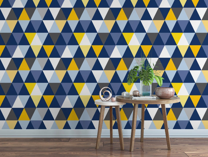 Peel and Stick Wallpaper Blue & Yellow Modern Triangles Wallpaper/ Removable Wallpaper/ Unpasted Wallpaper/ Pre-Pasted Wallpaper