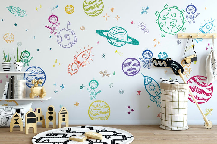 Peel and Stick Wallpaper Nursery/ Dino Astronaut Rainbow Space Mural Wallpaper/ Removable Wallpaper/ Unpasted Wallpaper