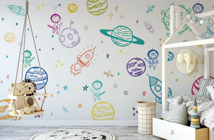 Peel and Stick Wallpaper Nursery/ Dino Astronaut Rainbow Space Mural Wallpaper/ Removable Wallpaper/ Unpasted Wallpaper