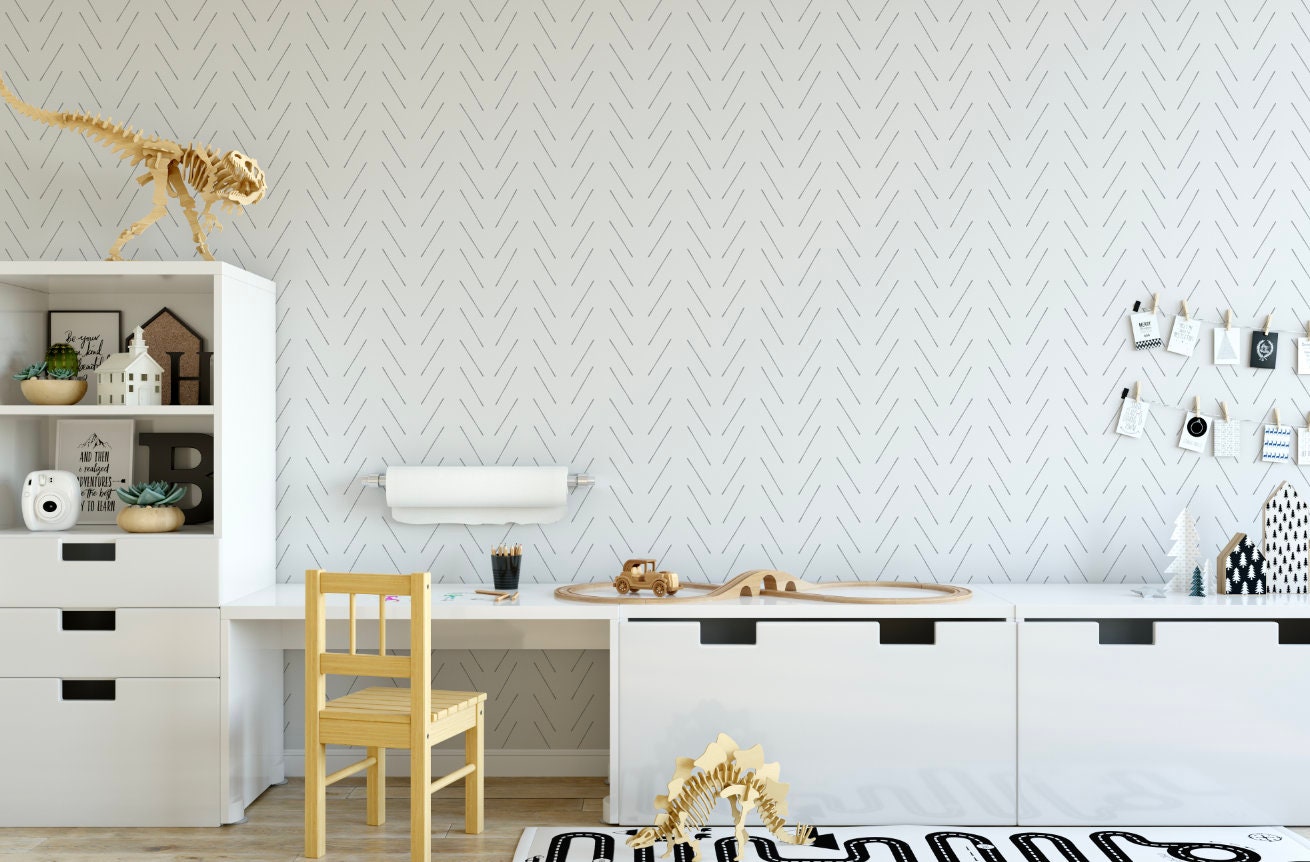 Peel and Stick Wallpaper Gray/ Gray Modern Hand Drawn Herringbone Wallpaper/ Removable Wallpaper/ Unpasted/ Pre-Pasted Wallpaper WW2126