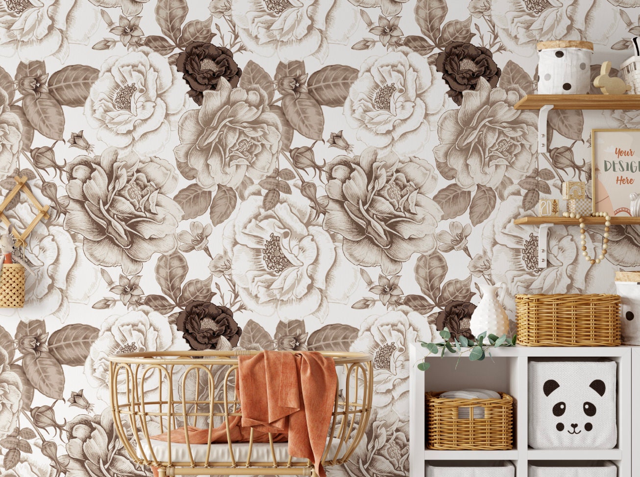 Peel and Stick Wallpaper Floral/ Vintage Brown Roses Wallpaper/ Removable Wallpaper/ Unpasted Wallpaper/ Pre-Pasted Wallpaper WW2211