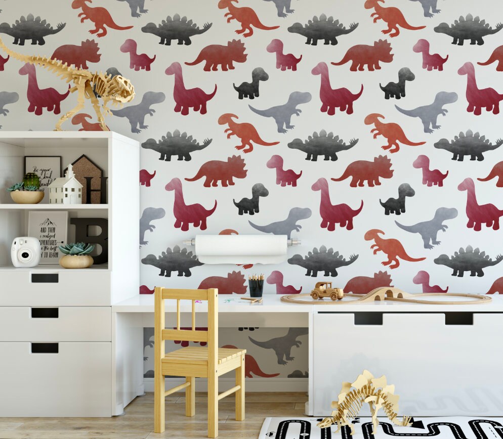 Peel and Stick Wallpaper Nursery/ Red and Gray Watercolor Dino Wallpaper/ Removable Wallpaper/ Unpasted Wallpaper/ Pre-Pasted Wallpaper
